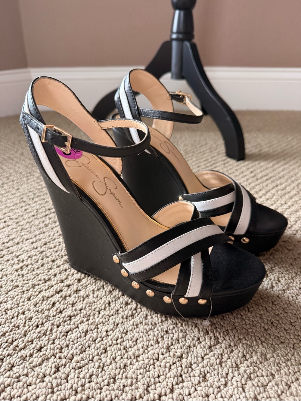Jessica Simpson Tellira Black and White Leather Platform Strap Wedge Sandals